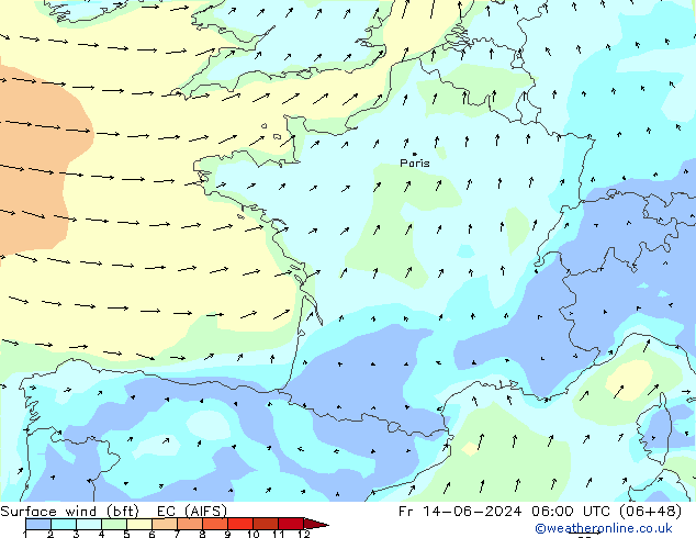 Viento 10 m (bft) EC (AIFS) vie 14.06.2024 06 UTC