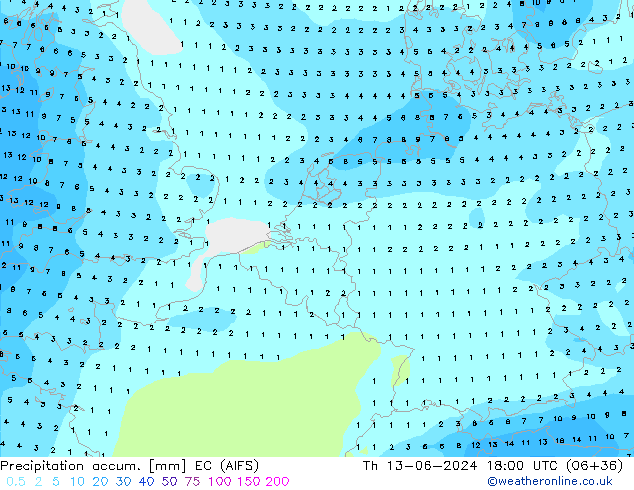 Precipitation accum. EC (AIFS) czw. 13.06.2024 18 UTC