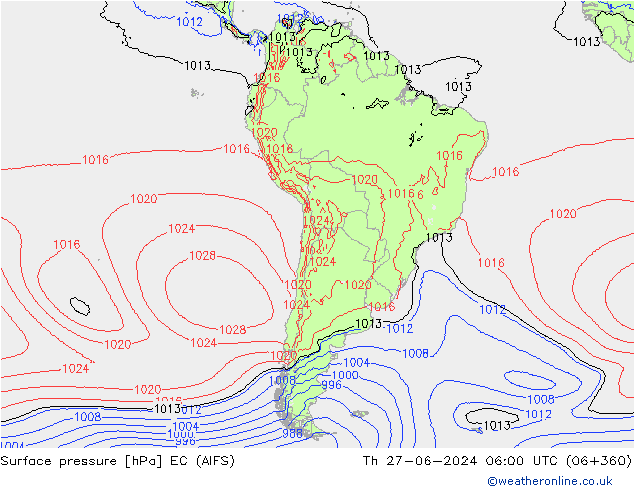 Atmosférický tlak EC (AIFS) Čt 27.06.2024 06 UTC