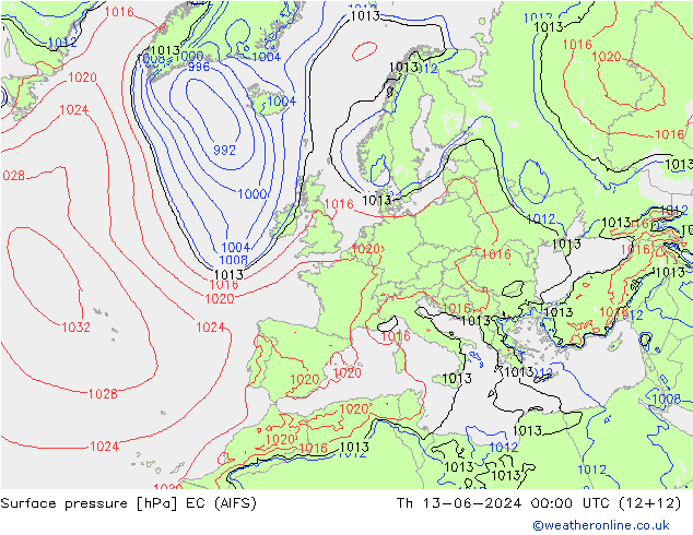 Pressione al suolo EC (AIFS) gio 13.06.2024 00 UTC