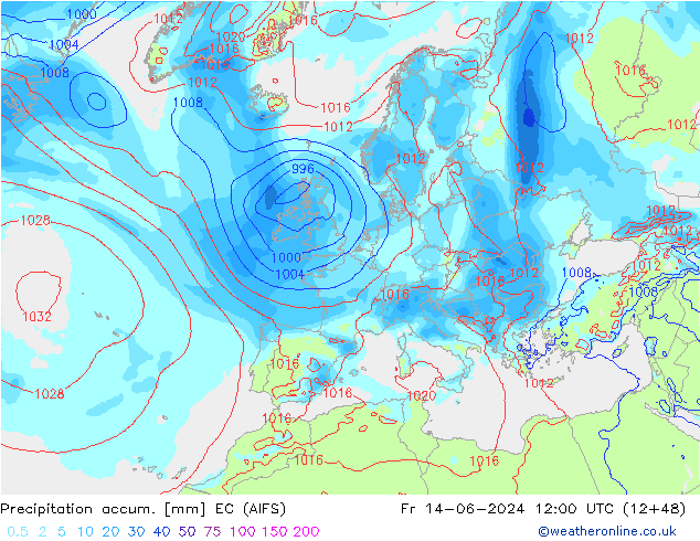 Précipitation accum. EC (AIFS) ven 14.06.2024 12 UTC