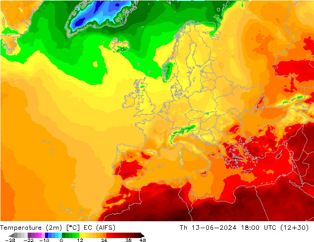 Temperature (2m) EC (AIFS) Th 13.06.2024 18 UTC