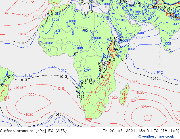 Atmosférický tlak EC (AIFS) Čt 20.06.2024 18 UTC