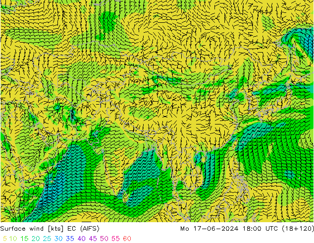 Vent 10 m EC (AIFS) lun 17.06.2024 18 UTC