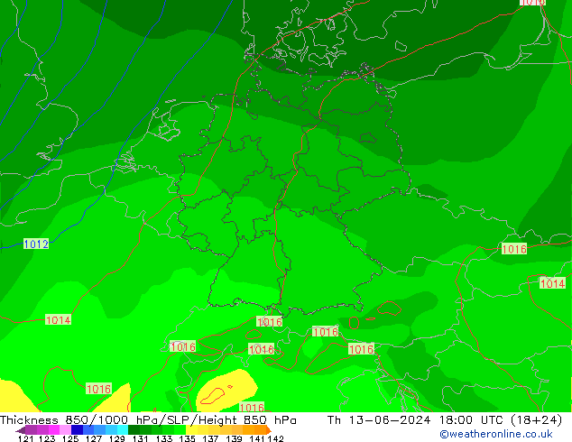 Thck 850-1000 hPa EC (AIFS) Qui 13.06.2024 18 UTC