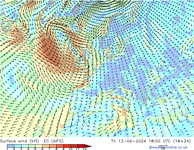 Surface wind (bft) EC (AIFS) Th 13.06.2024 18 UTC