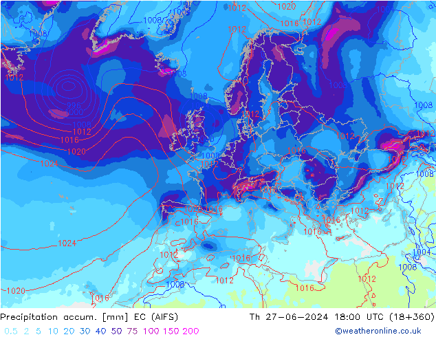 Precipitation accum. EC (AIFS) Qui 27.06.2024 18 UTC