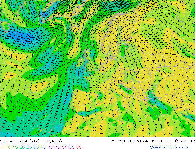 Wind 10 m EC (AIFS) wo 19.06.2024 06 UTC