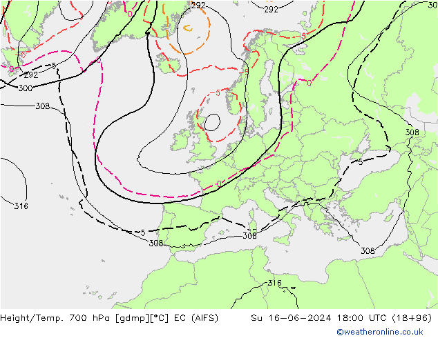 Height/Temp. 700 hPa EC (AIFS) dom 16.06.2024 18 UTC