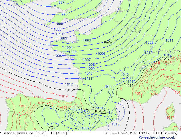 Surface pressure EC (AIFS) Fr 14.06.2024 18 UTC