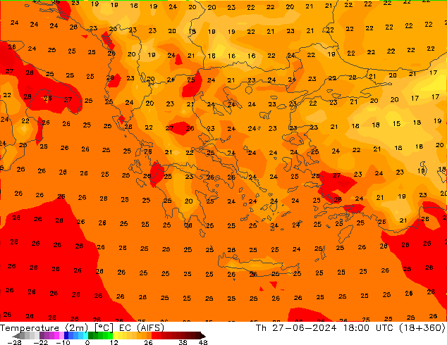 Temperatuurkaart (2m) EC (AIFS) do 27.06.2024 18 UTC
