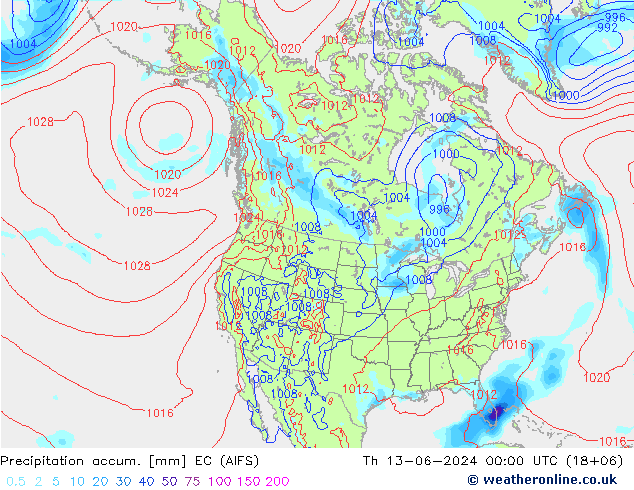 Precipitation accum. EC (AIFS) gio 13.06.2024 00 UTC