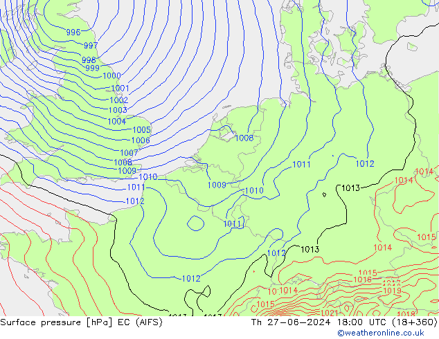 Atmosférický tlak EC (AIFS) Čt 27.06.2024 18 UTC