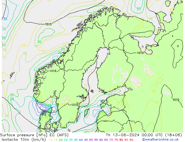 Isotachs (kph) EC (AIFS) Qui 13.06.2024 00 UTC