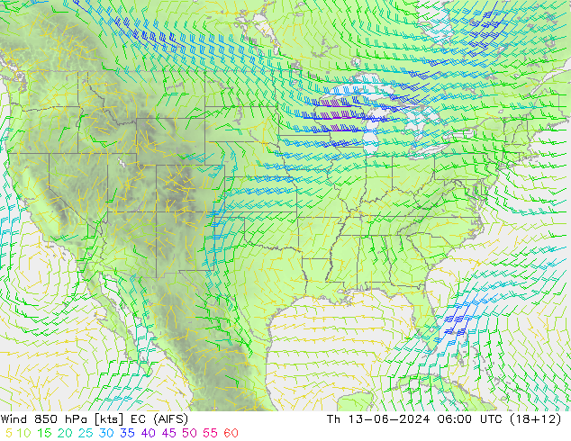 Wind 850 hPa EC (AIFS) Čt 13.06.2024 06 UTC