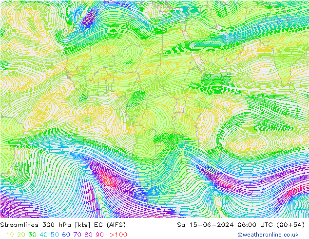 Rüzgar 300 hPa EC (AIFS) Cts 15.06.2024 06 UTC