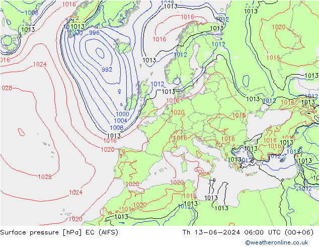 Atmosférický tlak EC (AIFS) Čt 13.06.2024 06 UTC