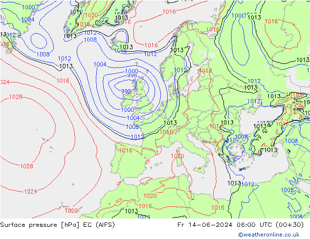 Atmosférický tlak EC (AIFS) Pá 14.06.2024 06 UTC