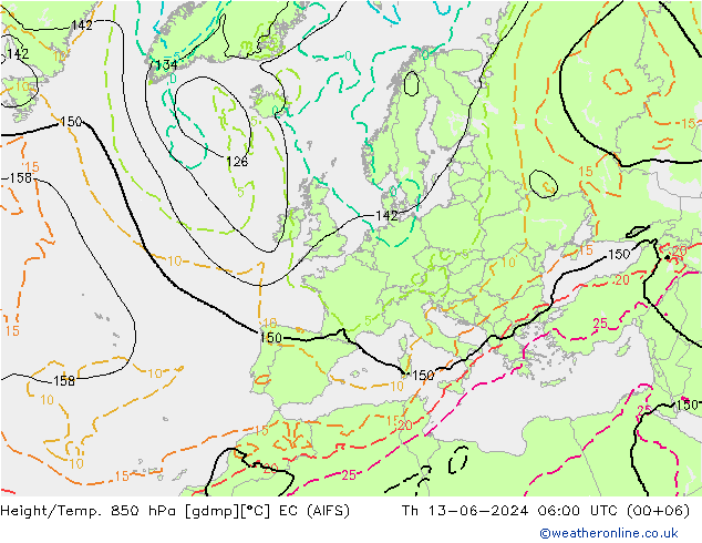 Yükseklik/Sıc. 850 hPa EC (AIFS) Per 13.06.2024 06 UTC