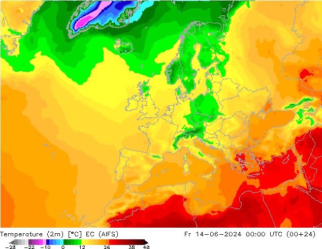 Temperatura (2m) EC (AIFS) vie 14.06.2024 00 UTC