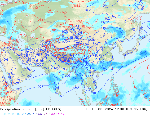 Precipitation accum. EC (AIFS) Čt 13.06.2024 12 UTC