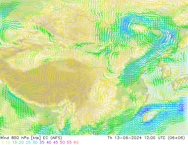 风 850 hPa EC (AIFS) 星期四 13.06.2024 12 UTC