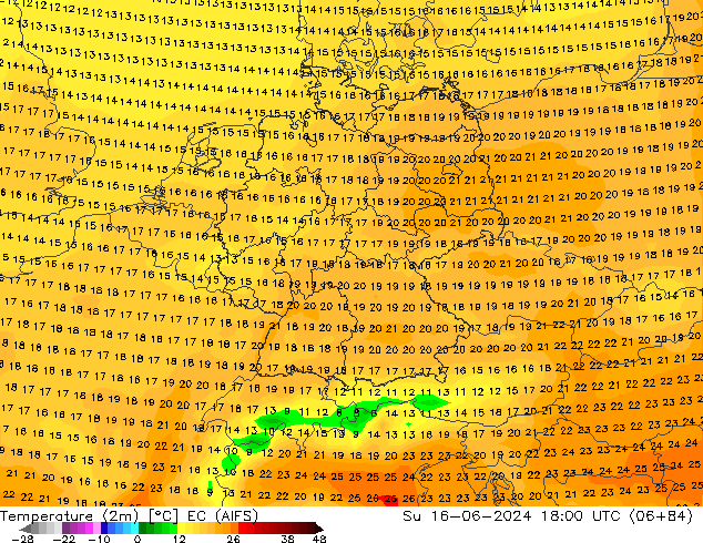 Temperaturkarte (2m) EC (AIFS) So 16.06.2024 18 UTC