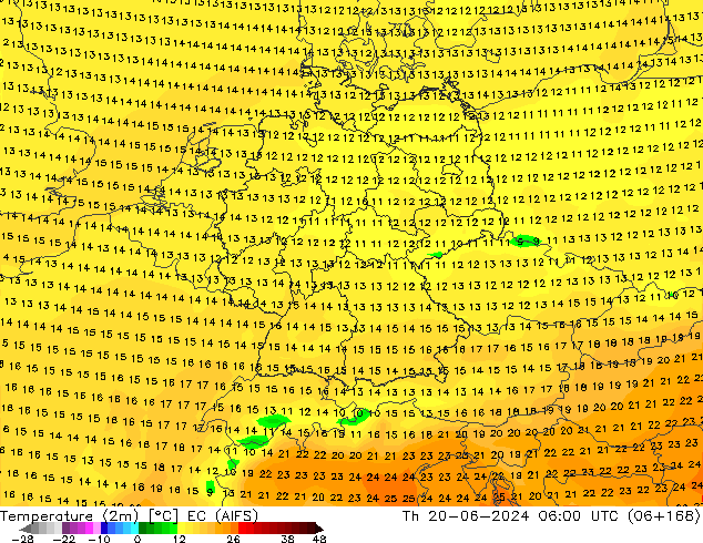 mapa temperatury (2m) EC (AIFS) czw. 20.06.2024 06 UTC