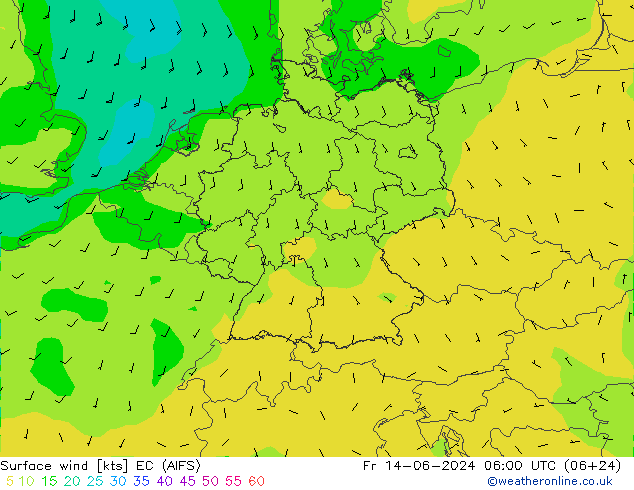 Rüzgar 10 m EC (AIFS) Cu 14.06.2024 06 UTC