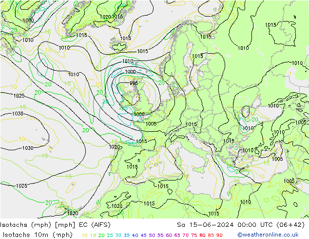 Isotachs (mph) EC (AIFS) sab 15.06.2024 00 UTC