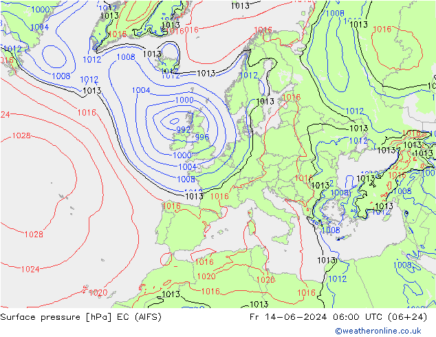 Atmosférický tlak EC (AIFS) Pá 14.06.2024 06 UTC