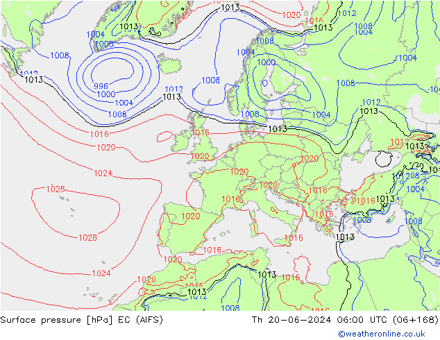 Pressione al suolo EC (AIFS) gio 20.06.2024 06 UTC