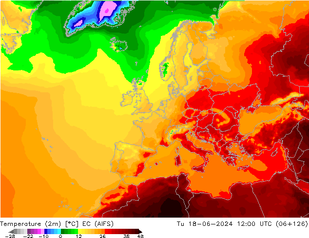 mapa temperatury (2m) EC (AIFS) wto. 18.06.2024 12 UTC