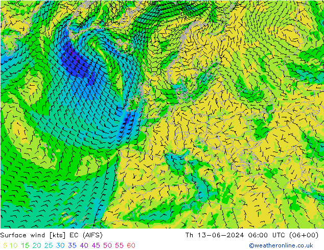 wiatr 10 m EC (AIFS) czw. 13.06.2024 06 UTC