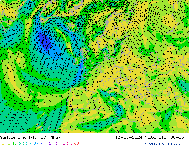 Surface wind EC (AIFS) Th 13.06.2024 12 UTC