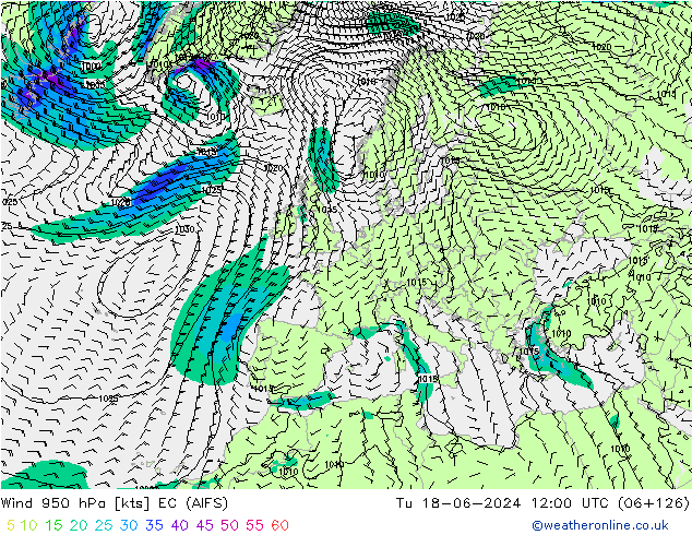 Wind 950 hPa EC (AIFS) Út 18.06.2024 12 UTC