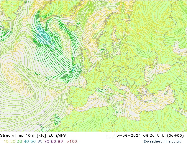 Línea de corriente 10m EC (AIFS) jue 13.06.2024 06 UTC