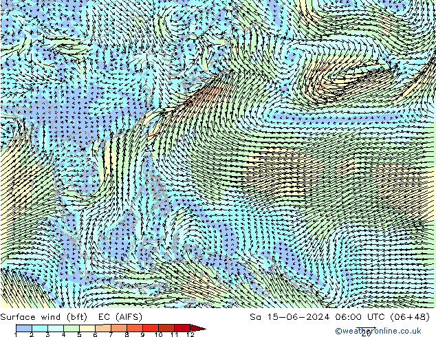 Surface wind (bft) EC (AIFS) So 15.06.2024 06 UTC