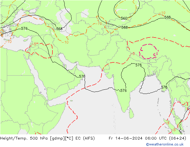 Height/Temp. 500 гПа EC (AIFS) пт 14.06.2024 06 UTC