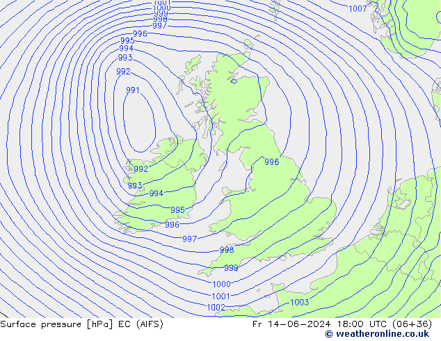 Surface pressure EC (AIFS) Fr 14.06.2024 18 UTC