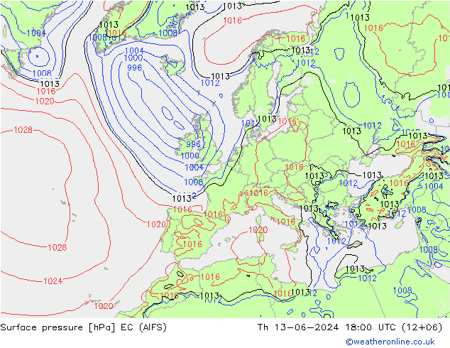 Pressione al suolo EC (AIFS) gio 13.06.2024 18 UTC