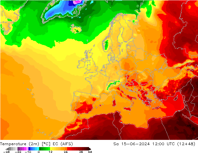 Temperature (2m) EC (AIFS) Sa 15.06.2024 12 UTC