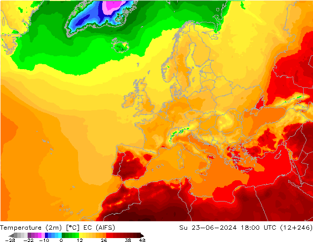 Temperaturkarte (2m) EC (AIFS) So 23.06.2024 18 UTC