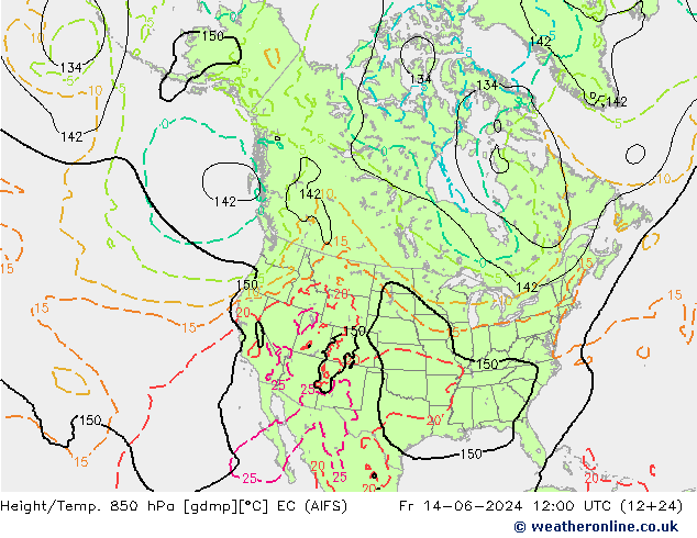 Hoogte/Temp. 850 hPa EC (AIFS) vr 14.06.2024 12 UTC