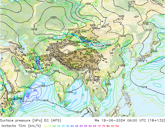 Isotachs (kph) EC (AIFS) mer 19.06.2024 06 UTC