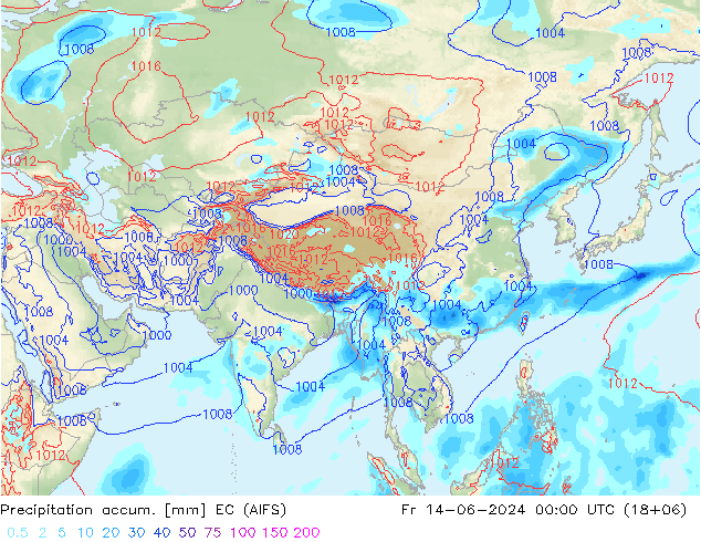 Précipitation accum. EC (AIFS) ven 14.06.2024 00 UTC