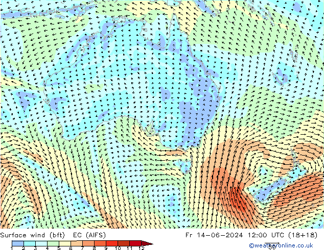 Surface wind (bft) EC (AIFS) Pá 14.06.2024 12 UTC