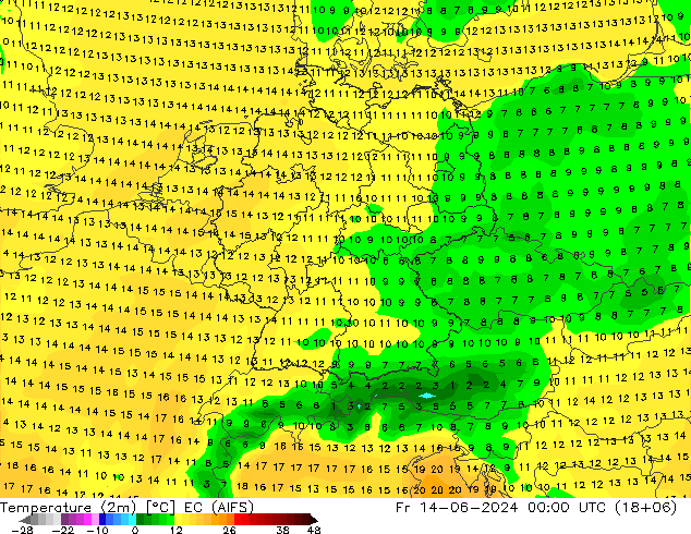 Temperatuurkaart (2m) EC (AIFS) vr 14.06.2024 00 UTC