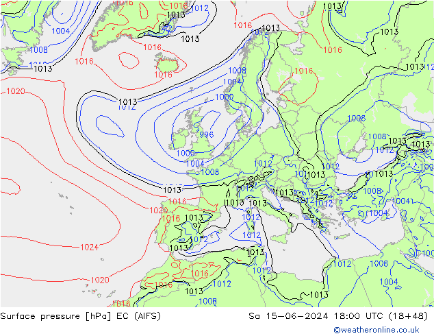 Surface pressure EC (AIFS) Sa 15.06.2024 18 UTC