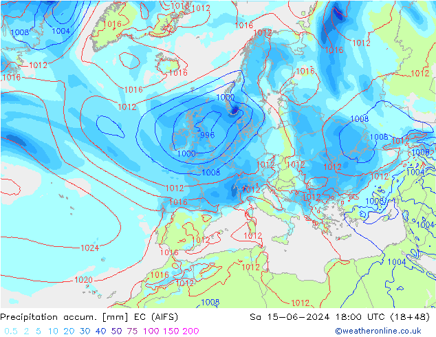 Precipitation accum. EC (AIFS) Sa 15.06.2024 18 UTC